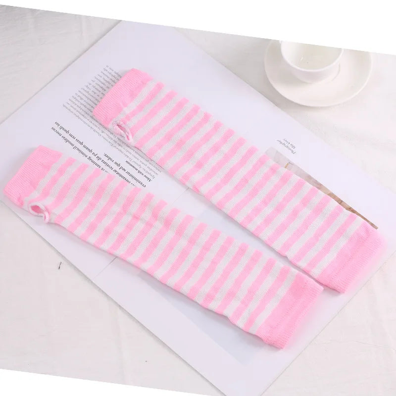 Unisex Striped Knitted Fingerless Long Winter Gloves