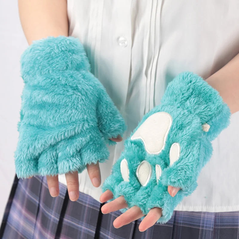 Women's Cartoon Cat Claw Plush Fingerless Winter Mittens