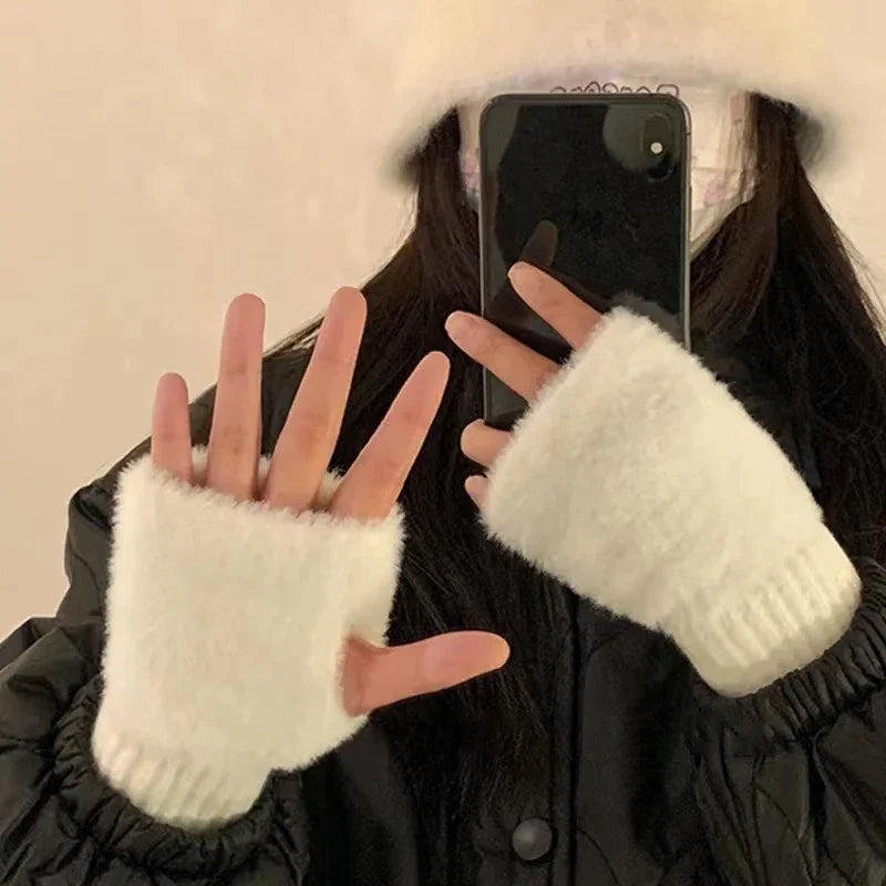 Women's Soft Plush Knitted Half Finger Winter Gloves