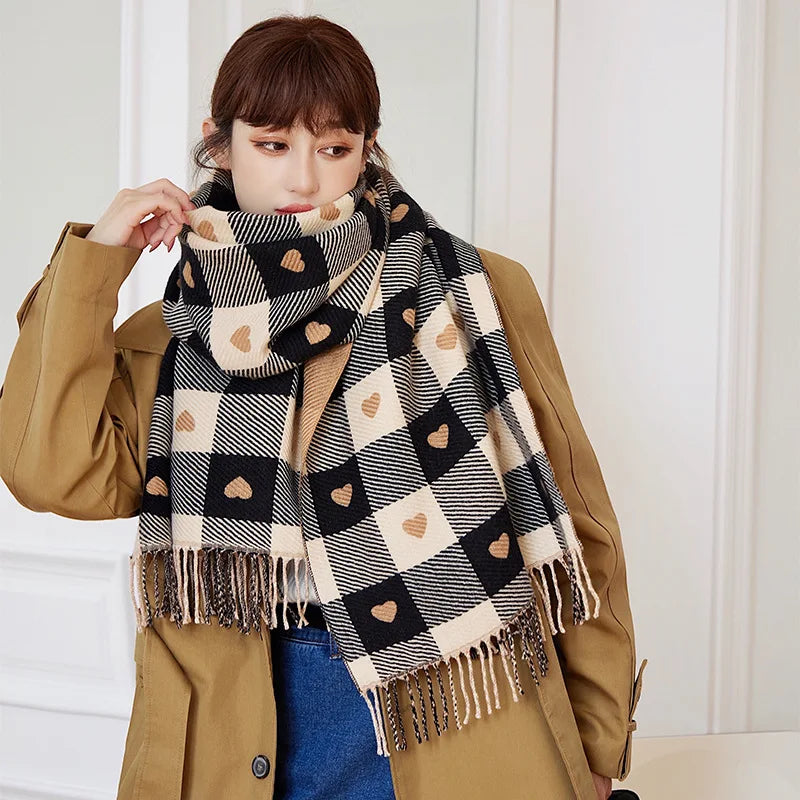 Women's Winter Thick Heart Plaid Blanket Shawl Scarf