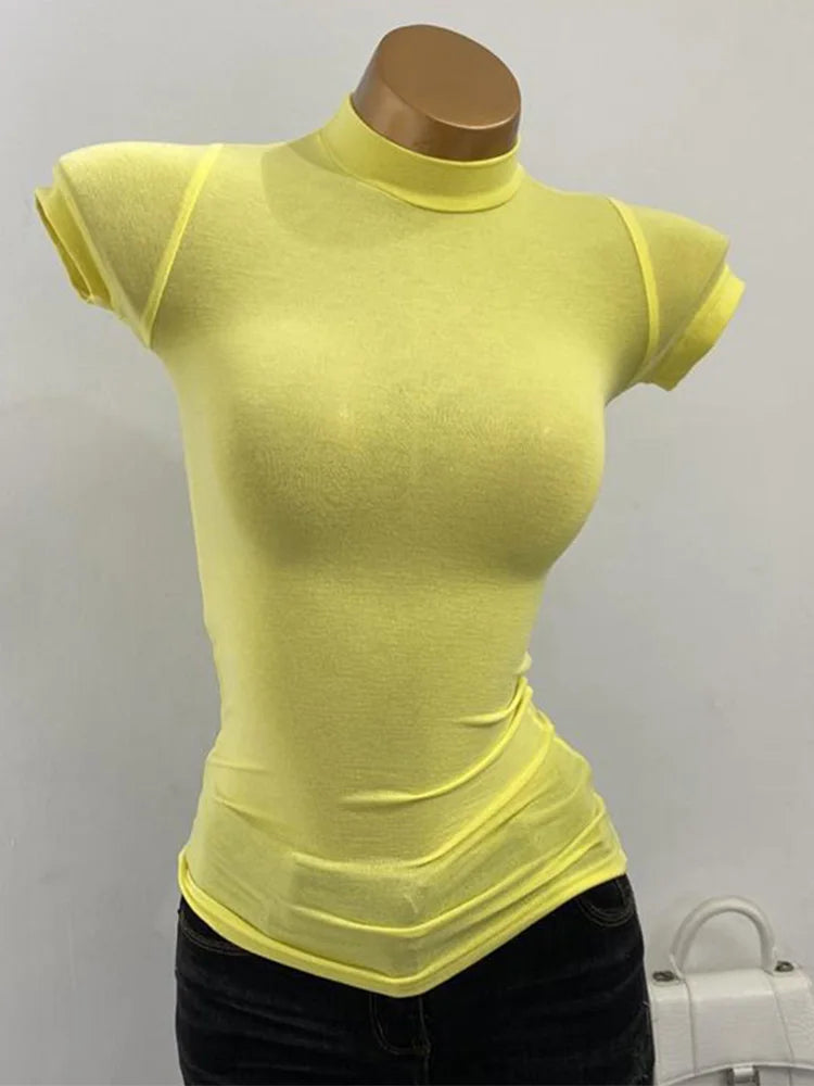 Women's Fashion Slim Fit Mock Neck Short Sleeve T-Shirt
