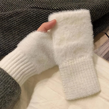 Women's Soft Plush Knitted Half Finger Winter Gloves