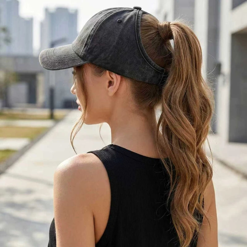 Women's Retro Washed Backless Ponytail Baseball Cap