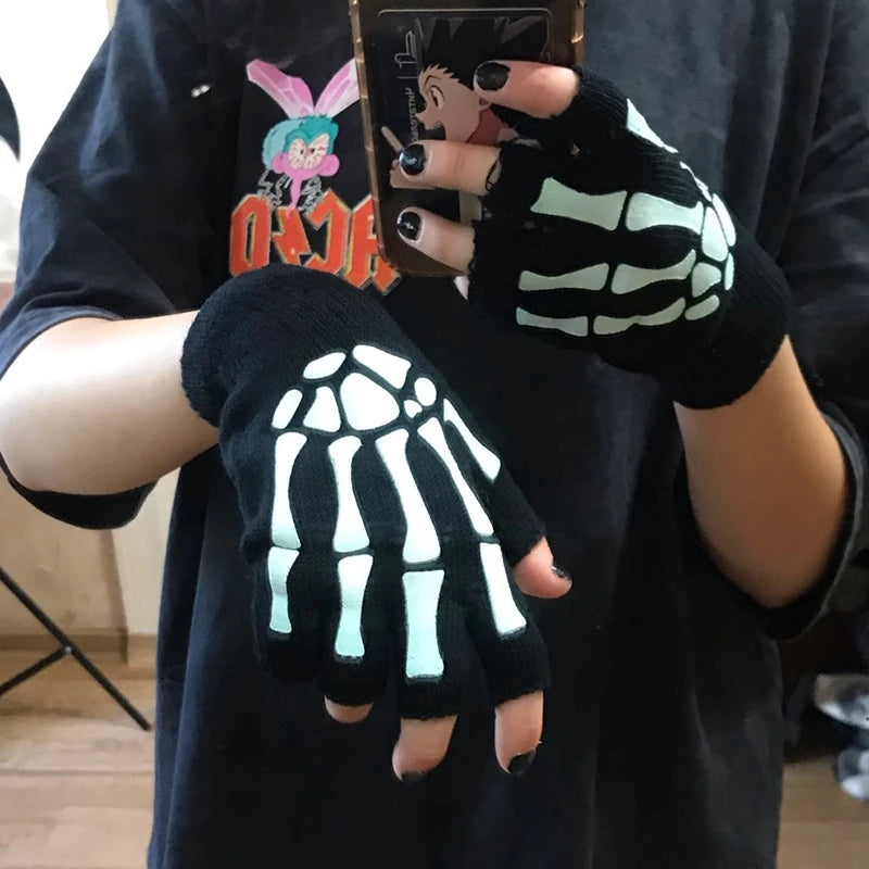 Unisex Skeleton Glow in the Dark Half Finger Winter Gloves
