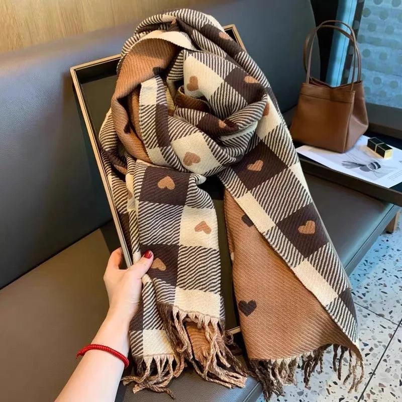 Women's Winter Thick Heart Plaid Blanket Shawl Scarf