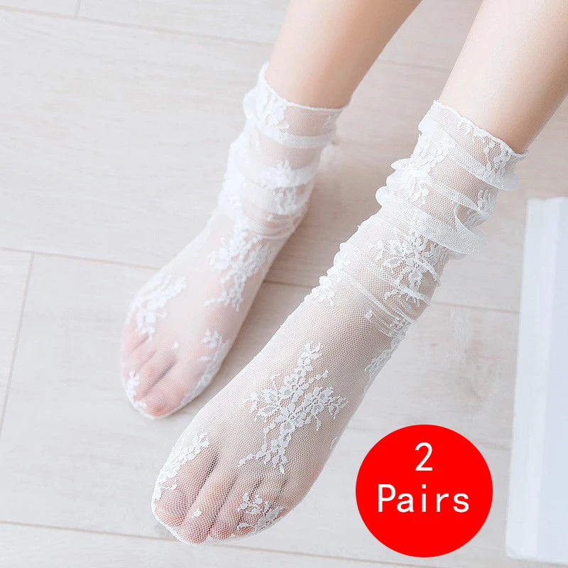 Women's Transparent Floral Lace Fishnet Thin Mid Socks