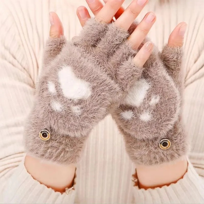Women's Fashion Cat Paw Plush Fingerless Winter Gloves