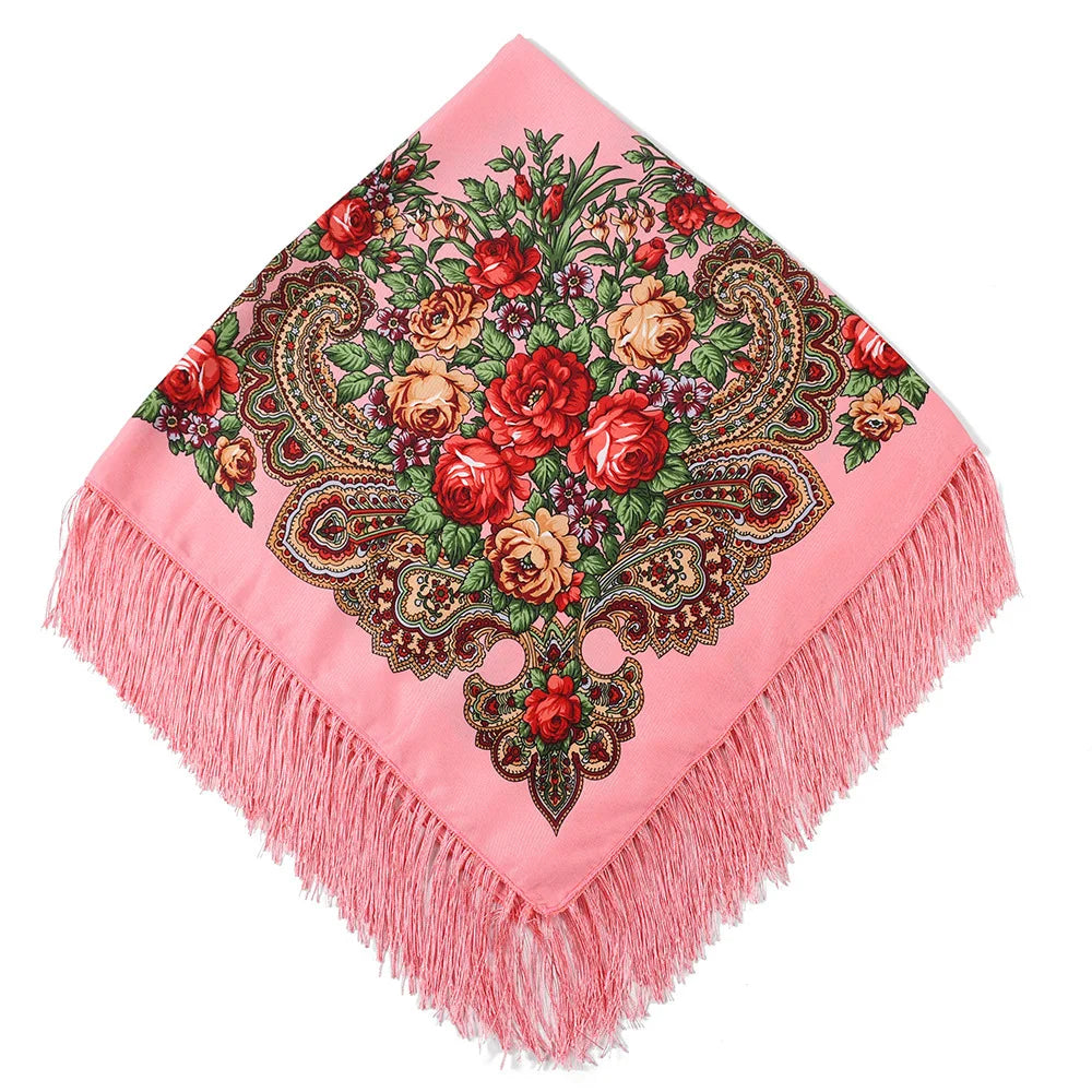 Women's Retro Floral Print Fringed Square Scarf 90x90cm