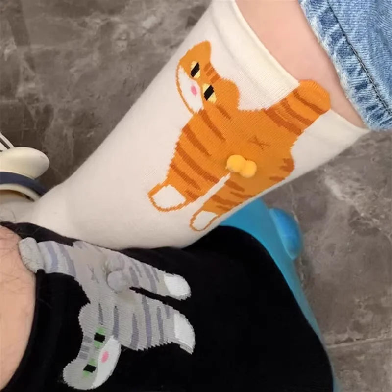 Women's Cartoon Cat Breathable Cotton Mid Socks