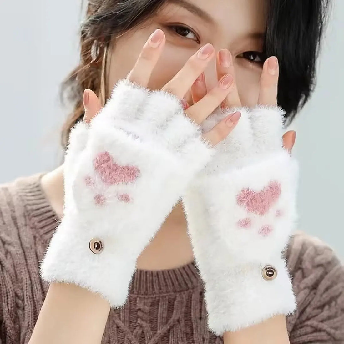 Women's Fashion Cat Paw Plush Fingerless Winter Gloves
