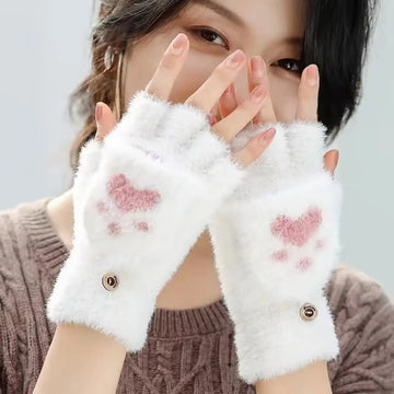 Women's Fashion Cat Paw Plush Fingerless Winter Gloves