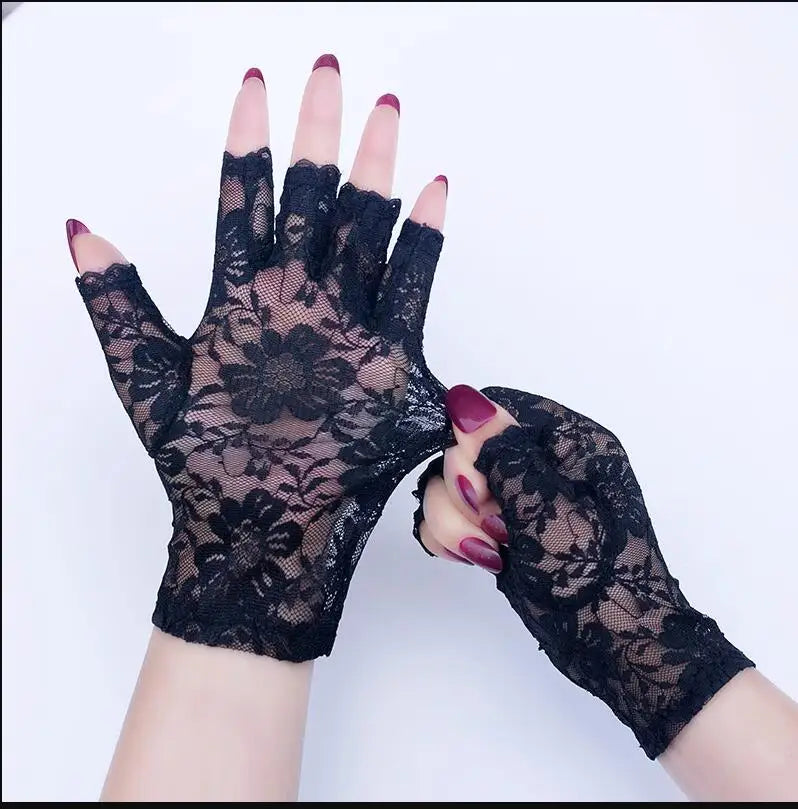 Women's Short Floral Lace Half Finger Sun Protection Gloves