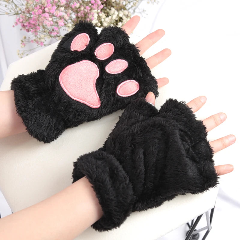 Women's Cartoon Cat Claw Plush Fingerless Winter Mittens