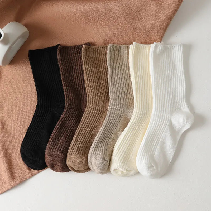 Women's Solid Casual Mid-Calf Cotton Socks 5 Pairs