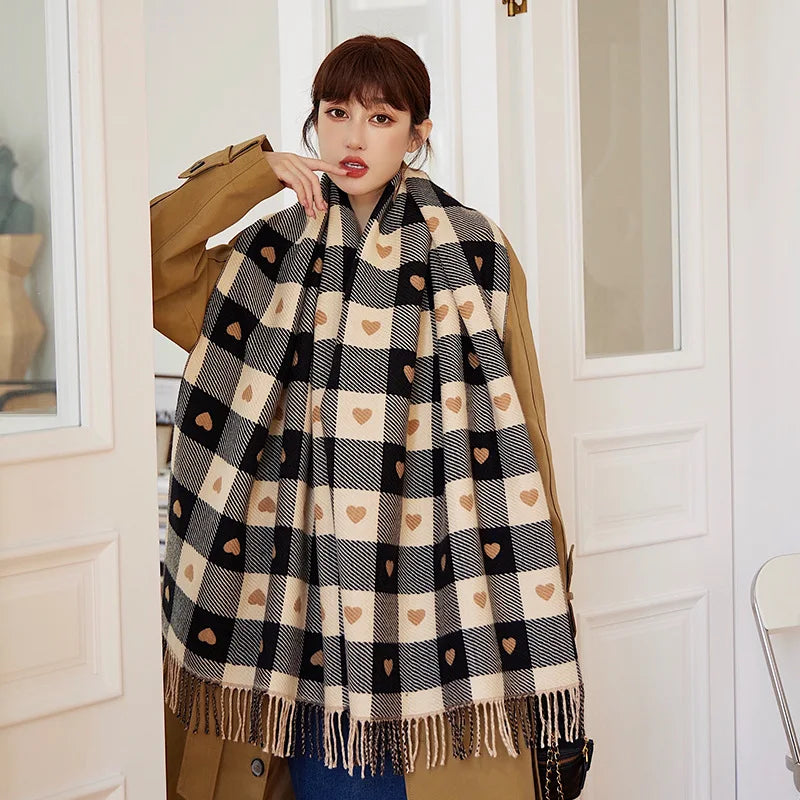 Women's Winter Thick Heart Plaid Blanket Shawl Scarf