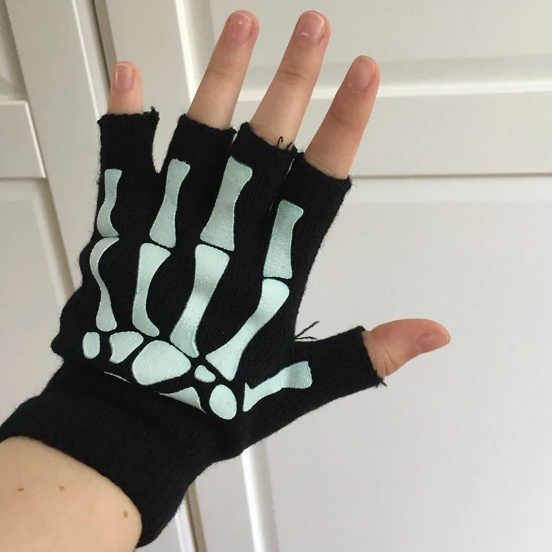 Unisex Skeleton Glow in the Dark Half Finger Winter Gloves