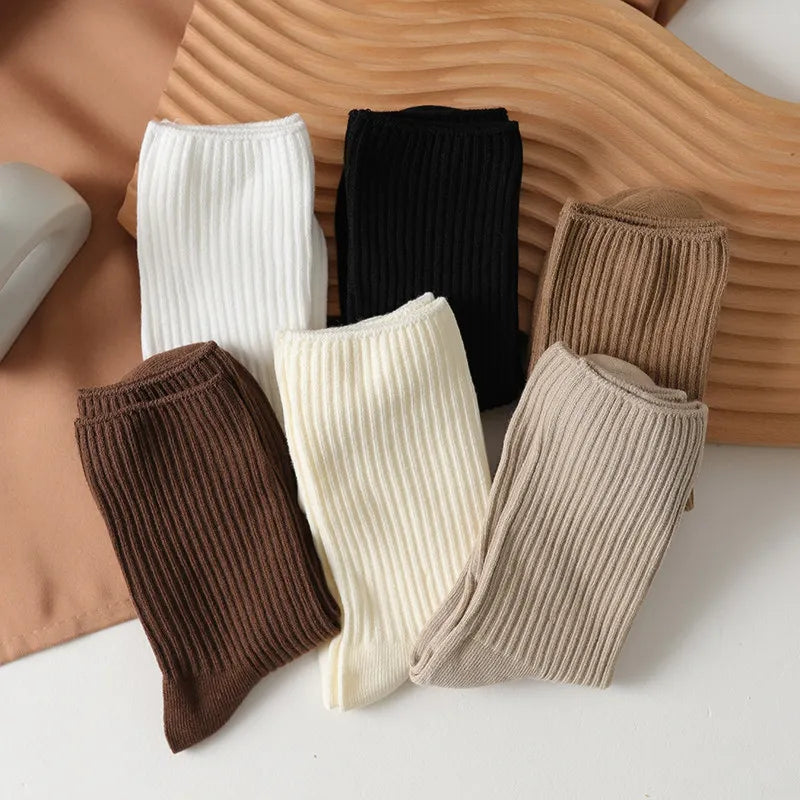 Women's Solid Casual Mid-Calf Cotton Socks 5 Pairs