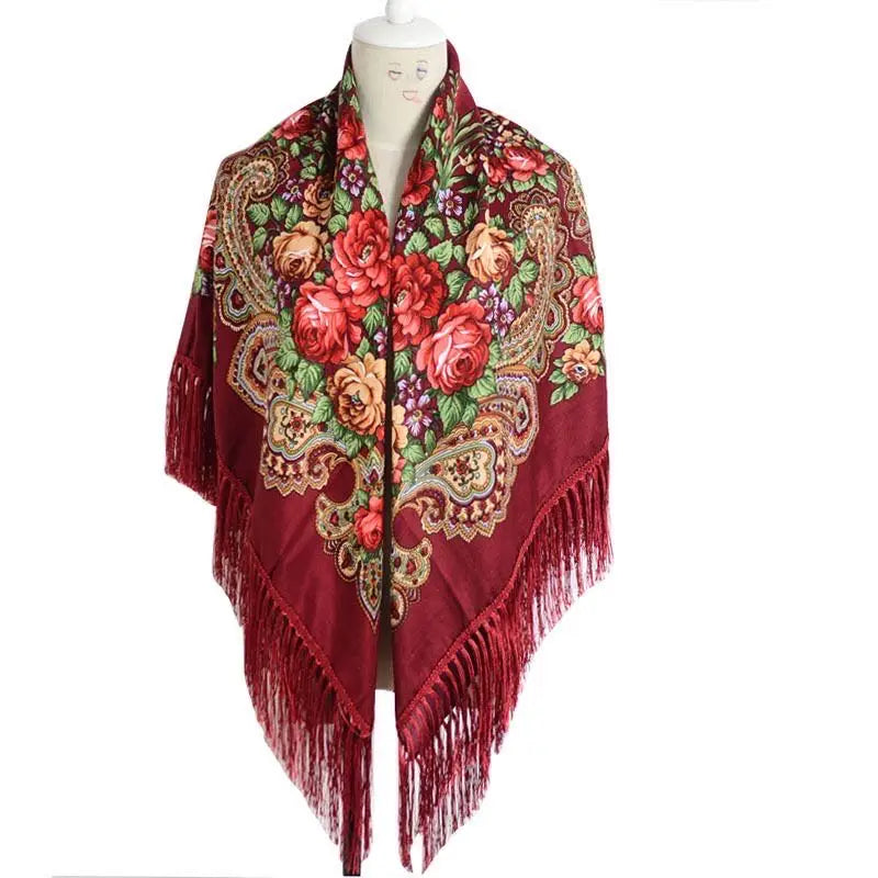 Women's Retro Floral Print Fringed Square Scarf 90x90cm
