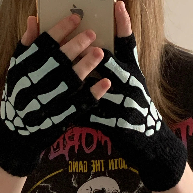 Unisex Skeleton Glow in the Dark Half Finger Winter Gloves