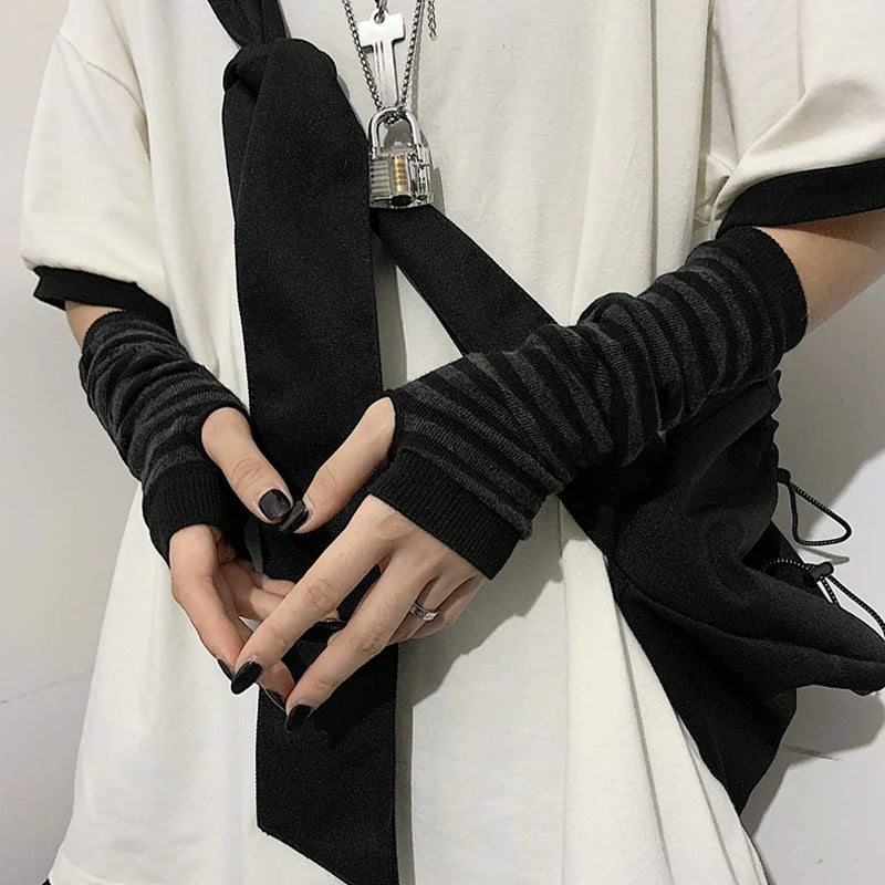 Unisex Striped Knitted Fingerless Long Winter Gloves