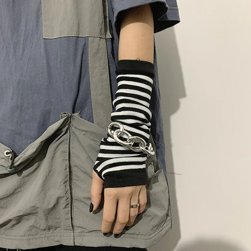 Unisex Striped Knitted Fingerless Long Winter Gloves