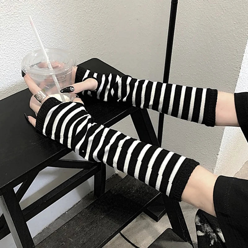 Unisex Striped Knitted Fingerless Long Winter Gloves