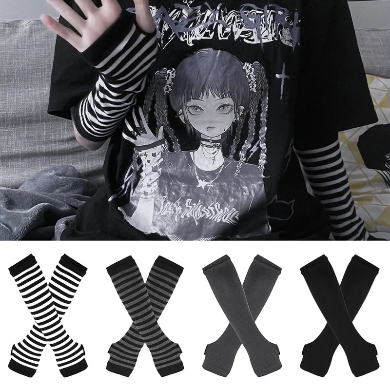 Unisex Striped Knitted Fingerless Long Winter Gloves